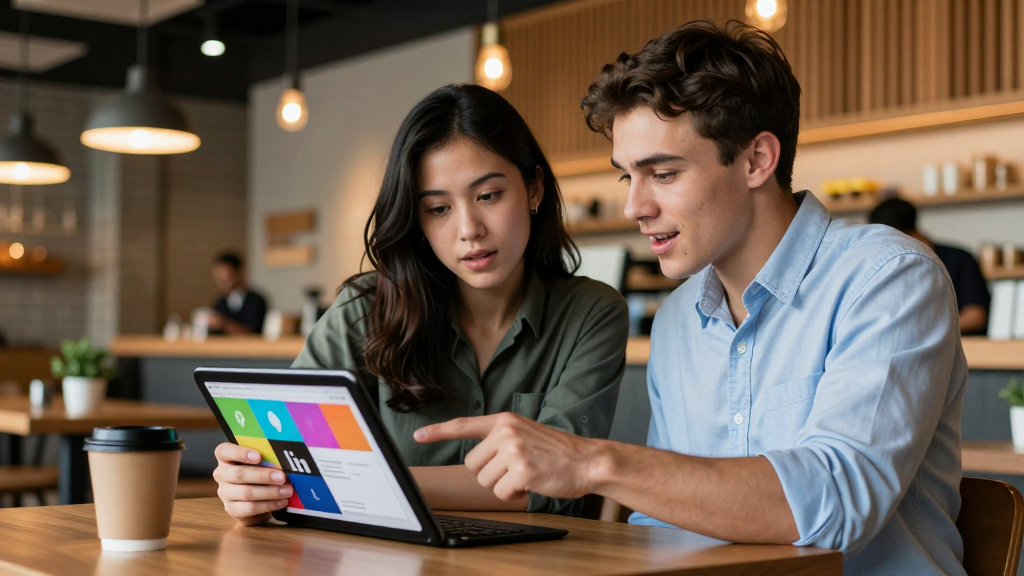 Two people collaborating on a design project in a cafe.