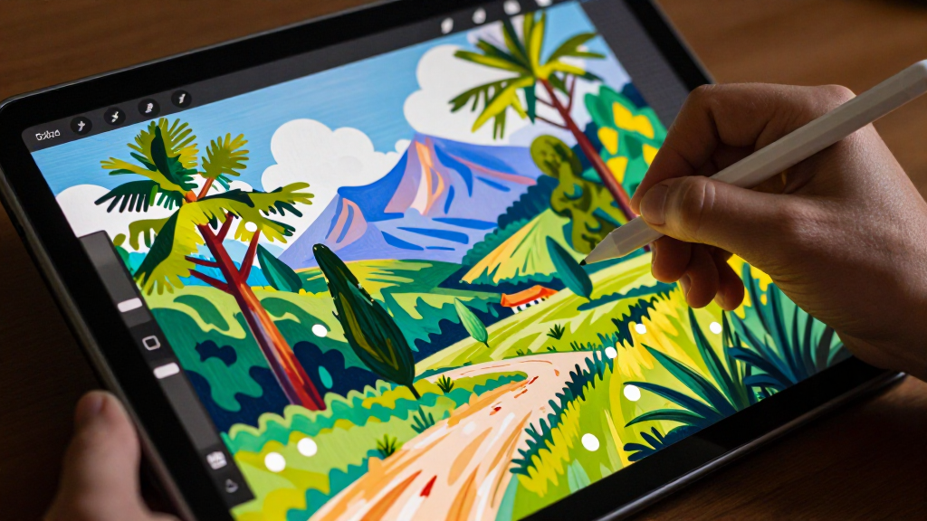 A hand using a stylus to create digital art on a tablet.