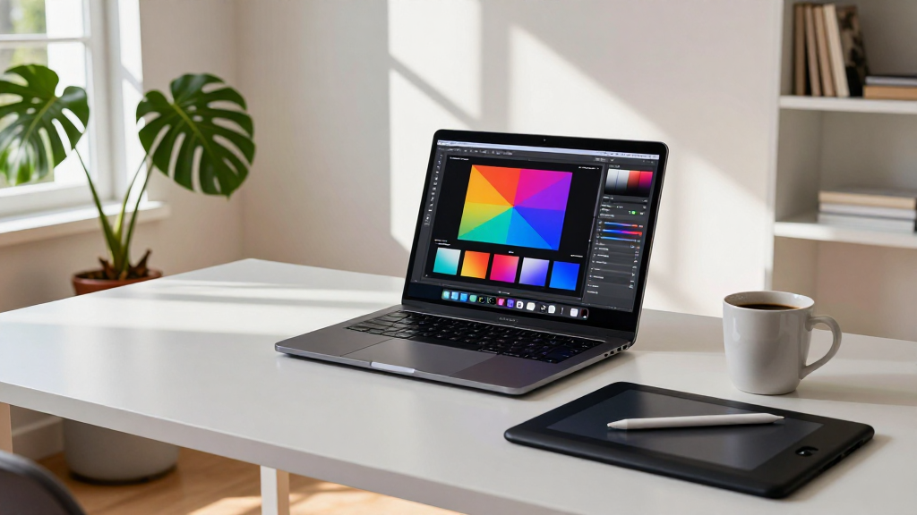 A modern creative workspace with a laptop displaying graphic design software and a digital tablet.